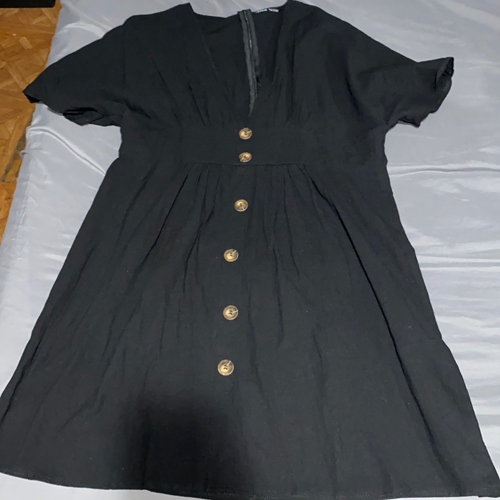 Button front deep v neck a line dress